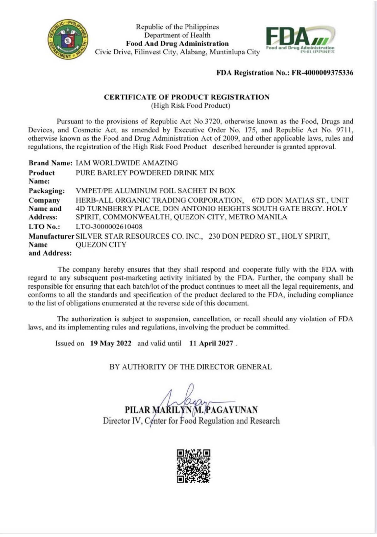 FDA Certificate of Product Registration for IAM Worldwide Amazing Pure Barley Powdered Drink Mix