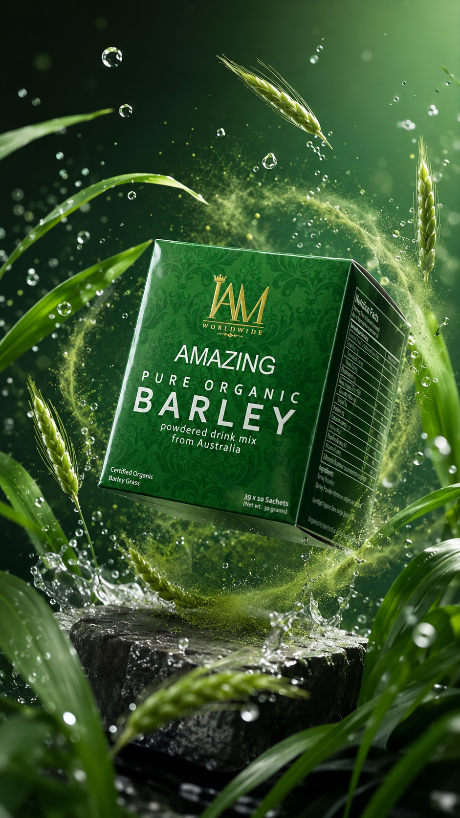 Amazing Pure Organic Barley box with water splash and barley stalks