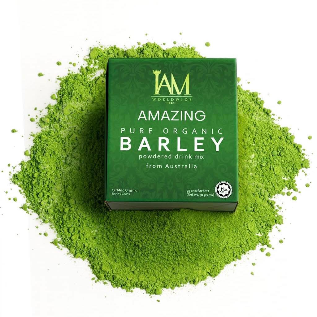 Amazing Pure Organic Barley box on top of pure green barley powder
