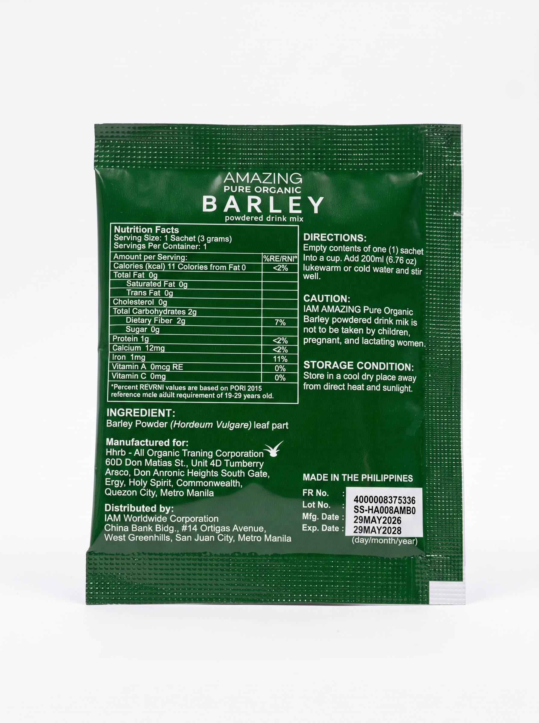 Barley sachet back with nutrition facts and directions
