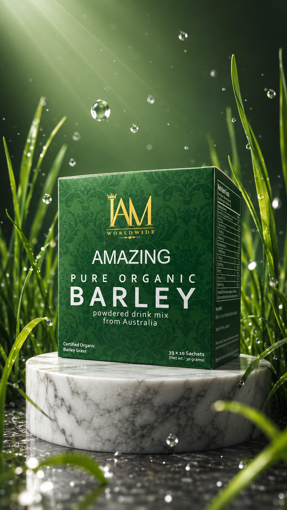 Amazing Pure Organic Barley box on marble podium with barley grass