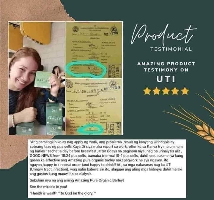 Amazing Pure Organic Barley testimonial on UTI